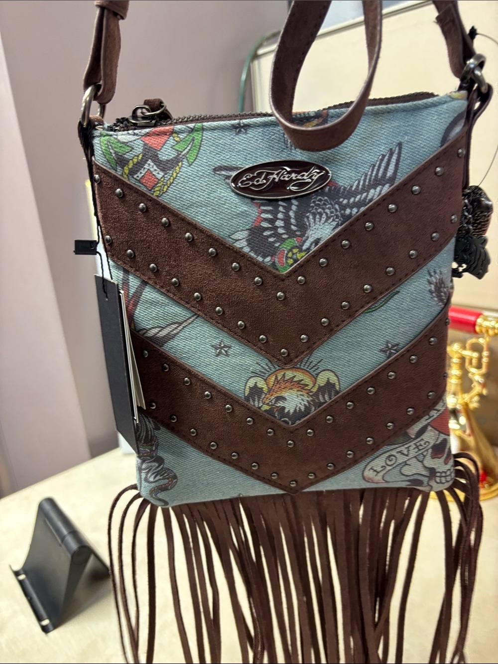 Ed Hardy Blue Denim-Style Crossbody with Brown Fringe & Studs